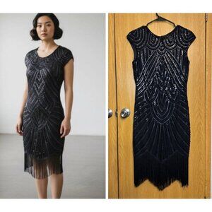 Black Sequin Dress Small Beaded Retro Fringe Flapper Gatsby Holiday Party NYE